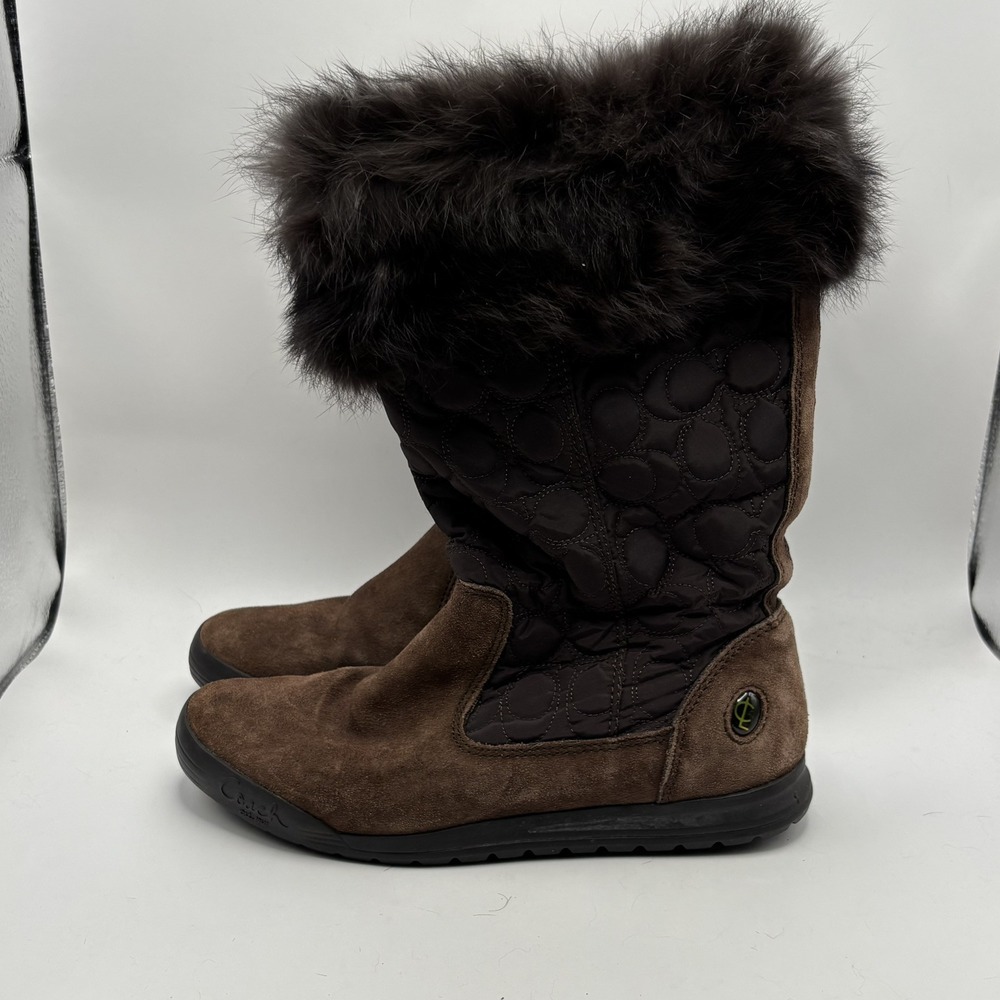 Coach Women's Talen Boot Size 7 Brown Suede Signature Quilted Nylon Rabbit Fur